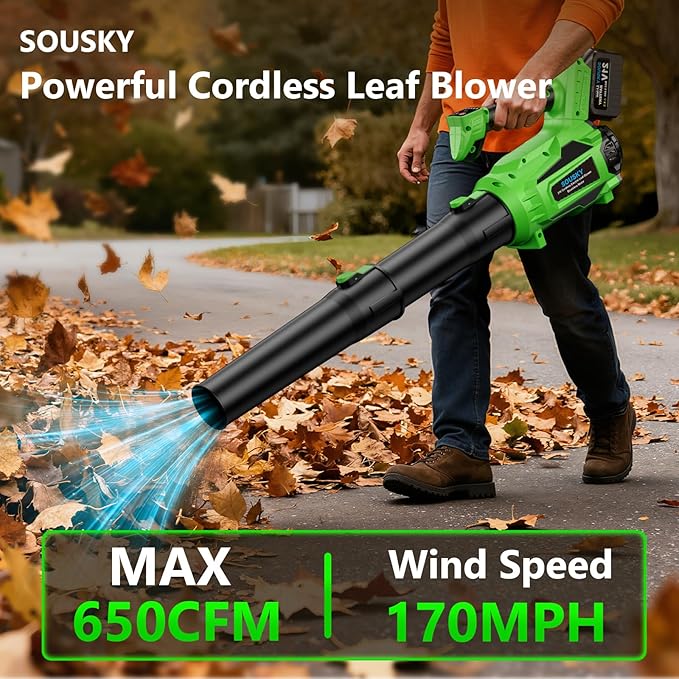 Leaf Blower Cordless, Battery Leaf Blower with 2 * 6.0Ah Batteries and Charger, 21V Brushless Electric Leaf Blowers with 5 Speed Levels and Turbo Mode for Lawn Care,Blowing Leaves,Yard Cleanup