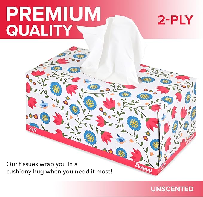 Premium Bulk Tissues, 8 Boxes of 230 Count, 2-Ply Soft Facial Tissues for Offices or School, Made in the USA, 1840 Total Count Bulk Face & Nose Tissue Paper for Home or Professional Use