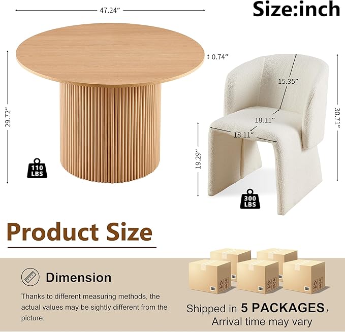 47-in Round Dining Table with 4 Chairs Set, Modern Kitchen Table with Two-Part Oak Wood Finish Tabletop and Wooden Strip Base, Fully Wrapped Teddy Velvet Barrel Dining Accent Chairs
