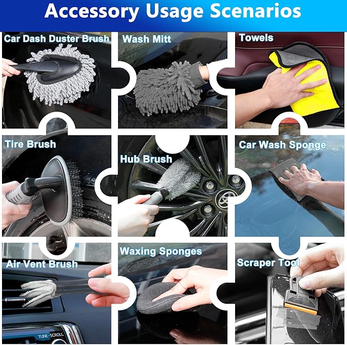 THINKWORK Car Wash Kit, Car Washing Brush with Long Handle, Extendable Car Wash Brush Mop with 2-in-1 Windshield Squeegee and 9Pcs Detailing Brush, Gray Car Detailing Kit Gift for Men