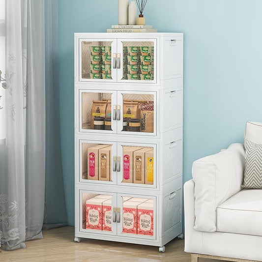 Large Clear Stackable Storage Bins with Lids, Foldable Storage Cabinet for Closet Organizers and Storage, Plastic Storage Box with Wheels 180 QT