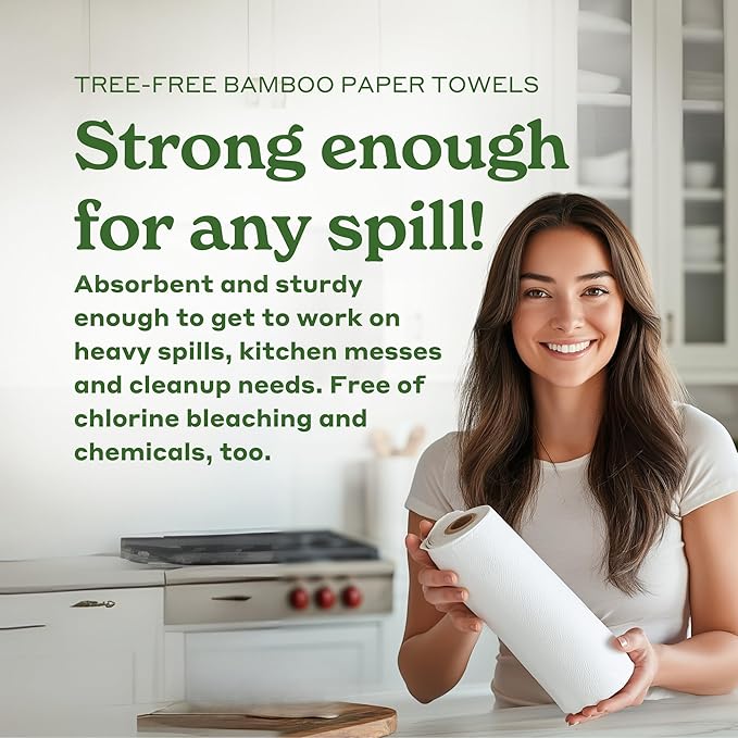 Caboo Tree Free Paper Towels, 2 Rolls, Tree Free, Eco Friendly, Earth Friendly, Sustainable Kitchen Paper Towels with Strong 2 Ply Sheets