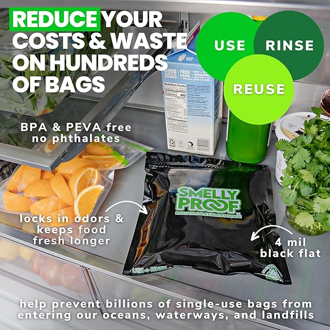 10pk LARGE Black Reusable Washable Bags, US-Made, BPA FREE, NO PEVA, Non-Silicone Food Storage 4-MIL Reusable Freezer 10 x Smelly Proof Bags Quart 8.5" x 10"