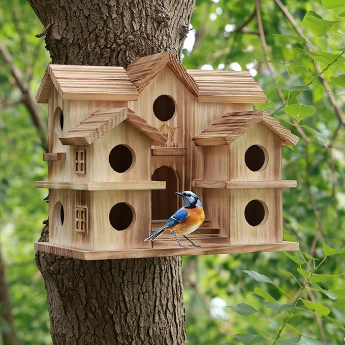 Large Bird House with 10 Holes - Handcrafted Wooden Martin House for Outdoor, Ideal for Purple Martins, Bluebirds, Finches, Cardinals, Sparrows, Chickadees