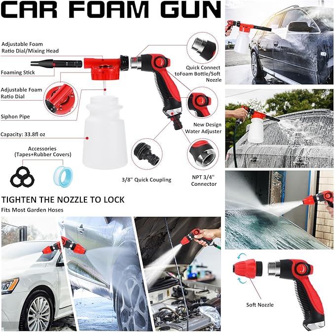 AUTODECO 40Pcs Car Wash Detailing Kit Cleaning Kits with Foam Gun Sprayer Vacuum with Long Cord Drill Brush Large Wash Mitt Towels Complete Interior Exterior Car Washing Supply Set Black