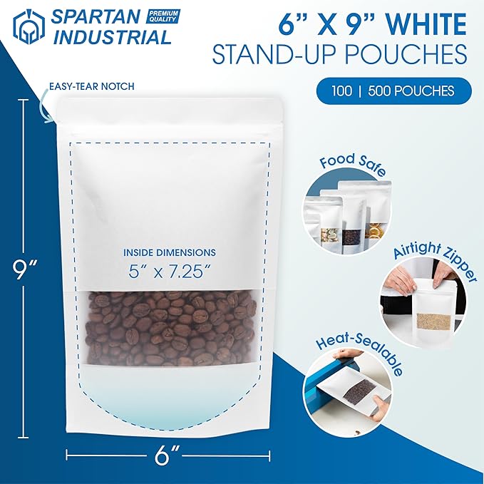 Spartan Industrial - 6" X 9" White Zip Top Food Bags - Pack of 500 Resealable Smell-Proof Pouches for Packaging Coffee, Tea, Spices, Snacks, and More