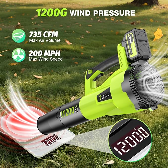 Tietoc Leaf Blower Cordless, 735CFM/200MPH Brushless Electric Leaf Blower with 2 X 5.0Ah Battery, 6 Speed Levels, 2 Extended Tube and Nozzles, Powerful Leaf Blowers for Lawn Care (Light Green)