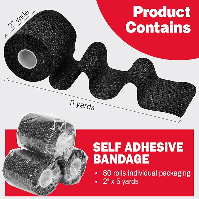 AZEN 80 Pack Self Adhesive Bandage Wrap Black, 2" X 5 Yards Black Athletic Tape, Vet Wrap, Tattoo Grip Tape Wrap，Ankle Tape, Cohesive Bandage Wrap