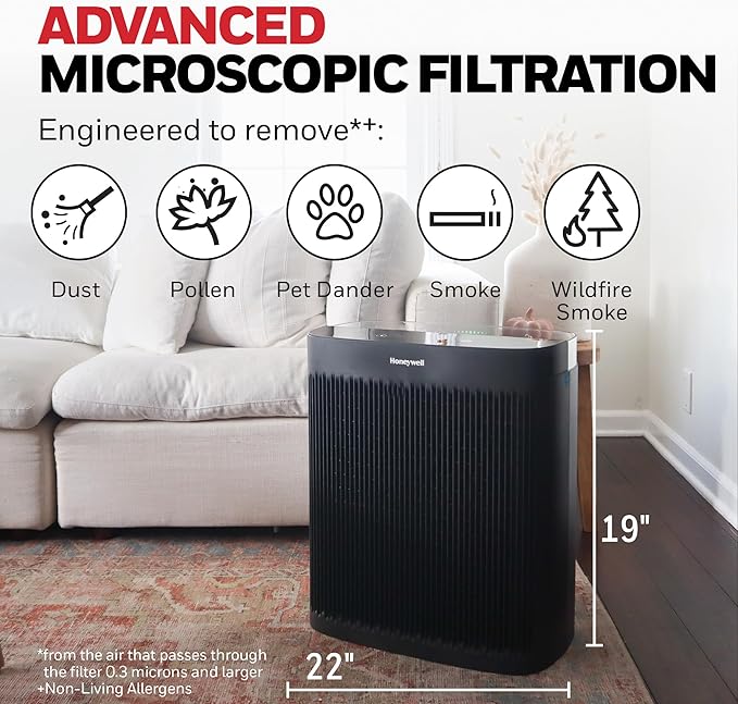 Honeywell Allergen Plus HEPA Air Purifier for Home Large Rooms up to 2400 Ft², Air Quality Monitor, Auto Mode, Reduces Allergens, Pollen, Pet Dander, Odors, Smoke, Black, HPA5300B