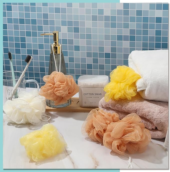CHENGU 80 Pcs Loofah Bulk Sponge Bath Sponges for Shower Bath Loofah Bulk Shower Pouf Shower Puff Wash Body Pouf Mesh Loofah Exfoliating Body Scrubber for Baby Women Men, 20g (Yellow Series), White
