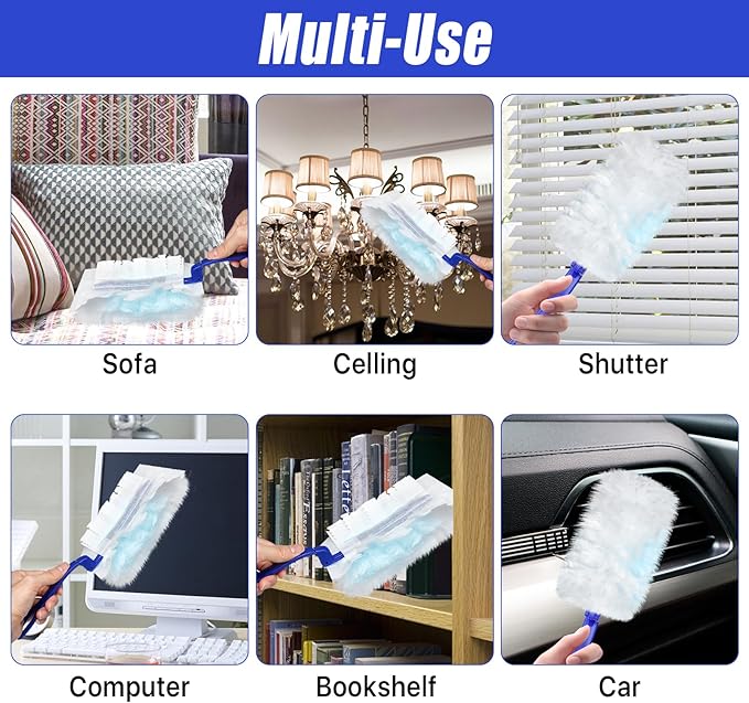 100 Pcs Duster Refills Bulk, Thickened Duster Refill Electrostatic Duster Head, Duster Refills for Cleaning with 4 Handles, Disposable Duster Refills for Cleaning Blinds, Ceiling Fans(Blue)