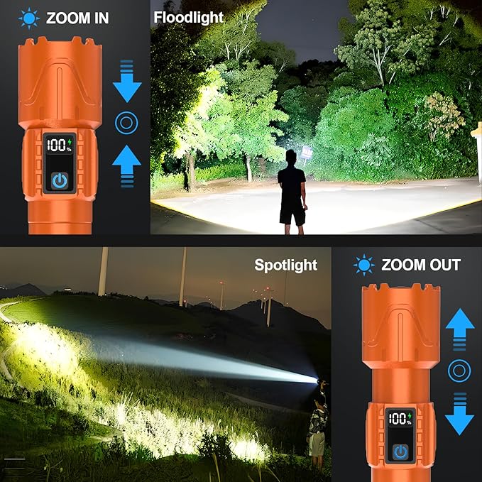 Rechargeable Tactical Flashlights High Lumens - 5000mAh Super Bright LED Powerful Flash Light, Waterproof Handheld USB C Flashlight for Home,Car,Camping,Emergencies,5 Modes,Zoomable (2, Orange)