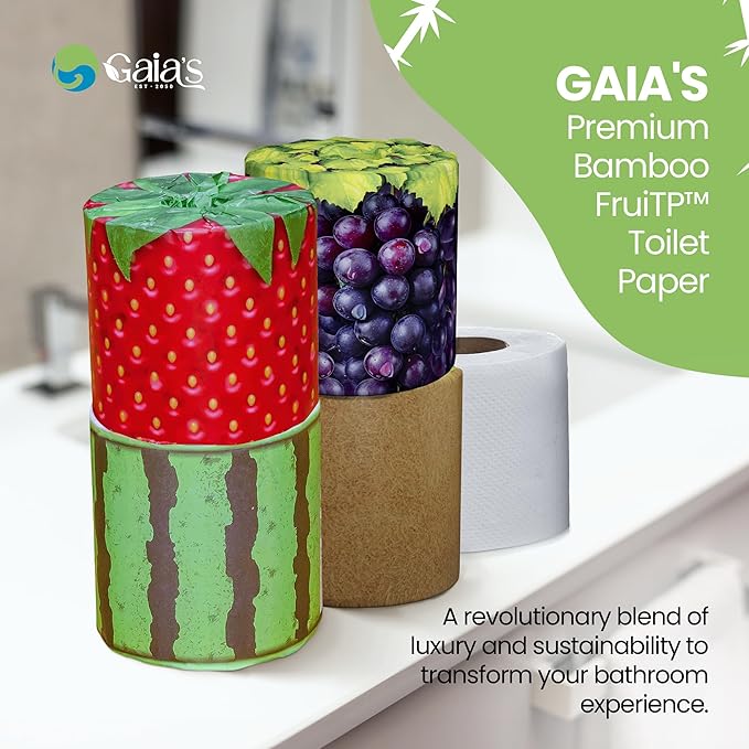 Gaias Premium and Soft FruiTP Organic Bamboo Toilet Paper | 6 Mega Rolls, 3 Ply, 370 Sheets | FSC Certified, PFAS & BPA Free, Eco-Friendly, Sustainable Tissue - Plastic Free Packaging, Septic Safe