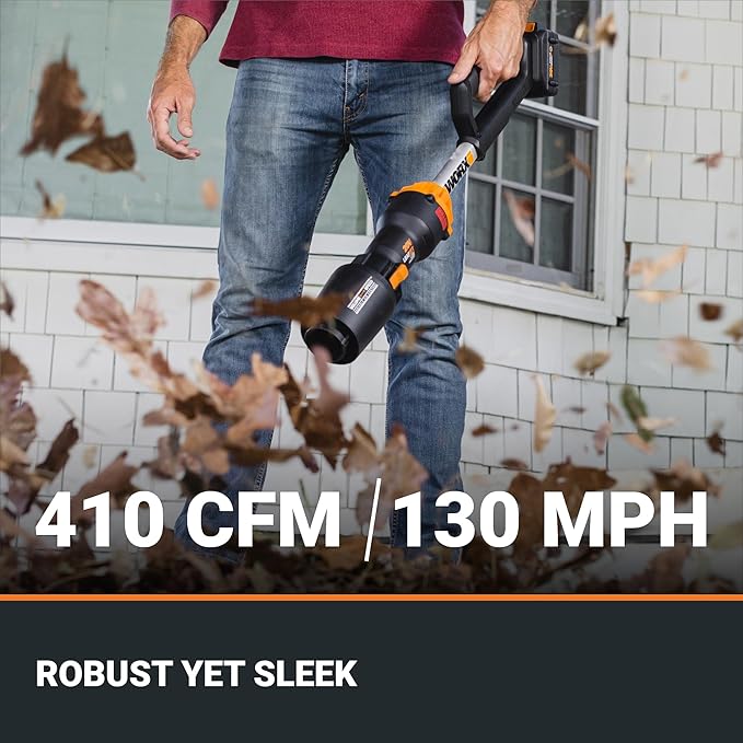 WORX Nitro WG543 20V Cordless Leaf Blower, Electric Blower with 410CFM & 130MPH, Blowers for Lawn Care with 3.8 Lbs, Battery & Charger Included
