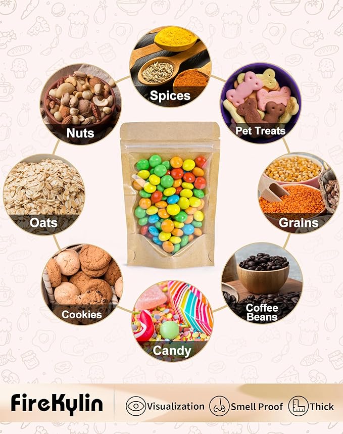 FireKylin 100PCS Stand Up Pouches 3.5"x5.5" Paper Bags With Window Clear Front Pouches Resealable Zipper Food Storage Brown
