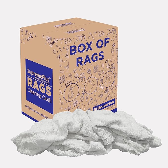Recycled White Terry Towel Rags (50 lbs. Box) - Shop Bulk Heavy Duty Terrycloth Cleaning Towels, Small Cloths for Wiping Paint, House, Commercial or Auto, Absorbent & Multipurpose