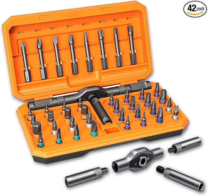 42-in-1 Magnetic Ratchet Screwdriver Set with 40 S2 Steel Bits, Small Repair Tool Kit with Detachable Handle, Precision Screwdriver Set for Furniture, Computer, Bike, Models, Small-Appliance