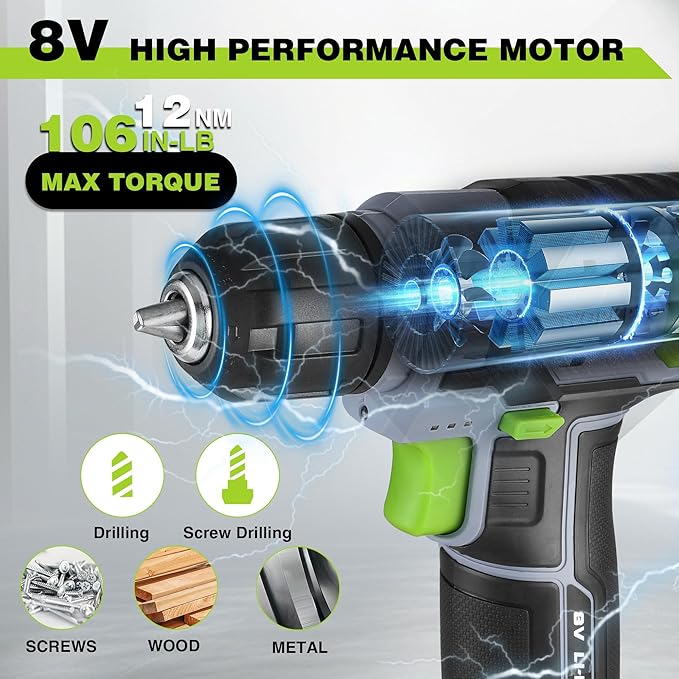 WORKPRO 8V Cordless Drill Driver Kit with 53pcs Bit Set, 2.0Ah Electric Drill with 3/8" Keyless Chuck and Variable Speed Trigger, Portable for Home Improvement, DIY