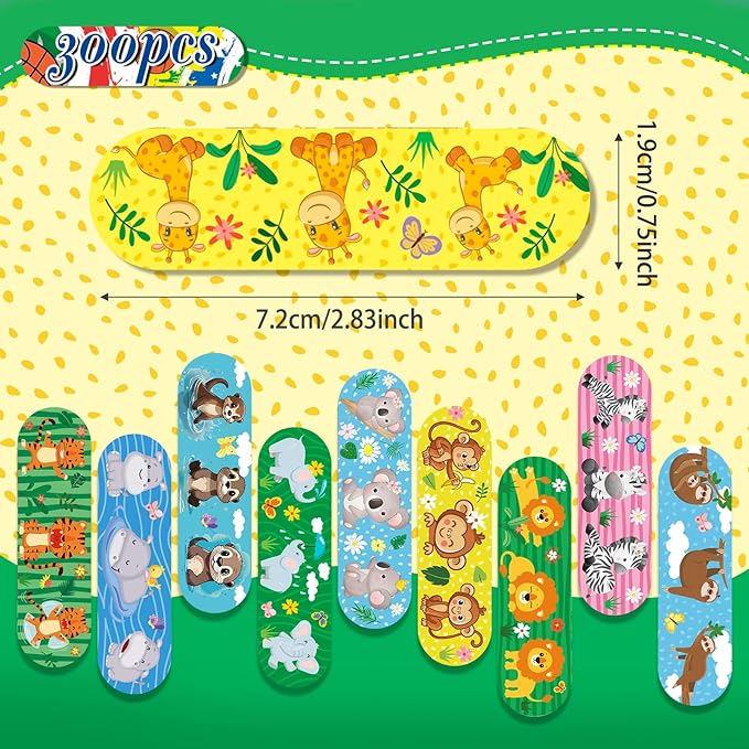 Patelai 300 Pieces Kids Bandages Bulk 10 Styles Children's Adhesive Flexible Colorful Cute Cartoon Bandages Waterproof Breathable Stickers Protection Care Cuts for Girls Boys(Animals)