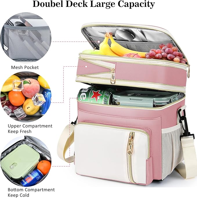 LOKASS Expandable Lunch Box for Women | Adult Lunchbag Cooler Tote Bag with Adjustable Shoulder Strap | Insulated Reusable Womens Lunch Bags for Work Camping Beach | 16L, Pink