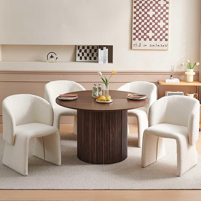 Kitchen Dining Table Set for 4, Farmhouse Round Dining Room Table and 4 Seated Dining Accent Chairs Curved Backrest&Armrest, Modern Dining Room Table Set for Home Dining Hall