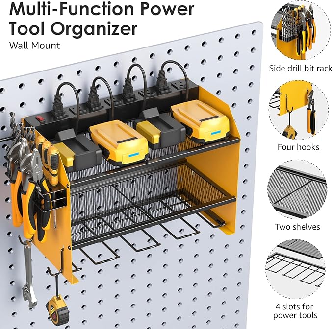 CCCEI Modular Power Tool Organizer Wall Mount with Charging Station. Garage Drill Storage Shelf with Hooks, Heavy Duty Rack, Tool Battery Holder Built in 8 Outlet. Gift for Men. Yellow.