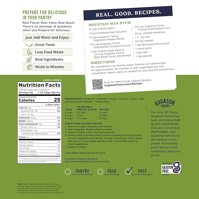 Augason Farms Vegetable Medley Blend 4-Gallon Pail, Certified Gluten Free, Emergency Food Supply, Everday Meals, 778 Servings