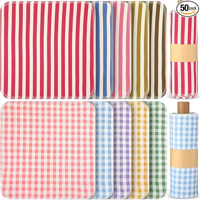 Redbaker 50 Pcs Reusable Paper Towels Paperless Reusable Cotton Cloths Toilet Absorbent Washable Paper Towels with Roll Kitchen Dishcloth for Kitchen Paperless Dishcloths(Streak Style)