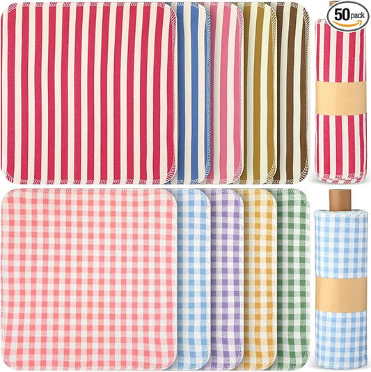 Redbaker 50 Pcs Reusable Paper Towels Paperless Reusable Cotton Cloths Toilet Absorbent Washable Paper Towels with Roll Kitchen Dishcloth for Kitchen Paperless Dishcloths(Streak Style)