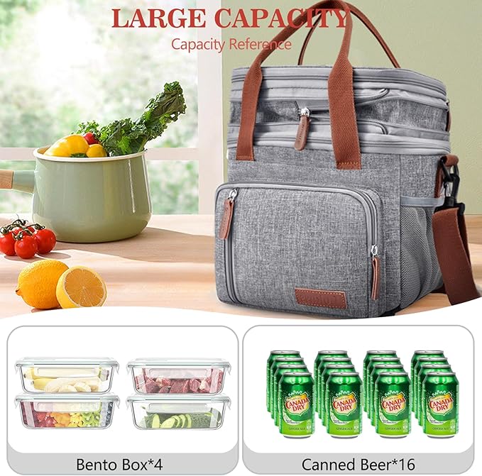 LOKASS Lunch Box & Lunch Bag for Women Men, Expandable Insulated Adult Lunch Box Leakproof Cooler Bag with Adjustable Shoulder Strap, Reusable Womens Lunch Bags for Work Picnic Beach, 16L, Grey