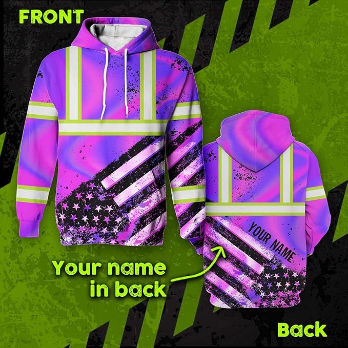 Color US Flag High Visibility Hoodie for Men Women Reflective Tapes Safety Workwear for Worker Runner Patriotic