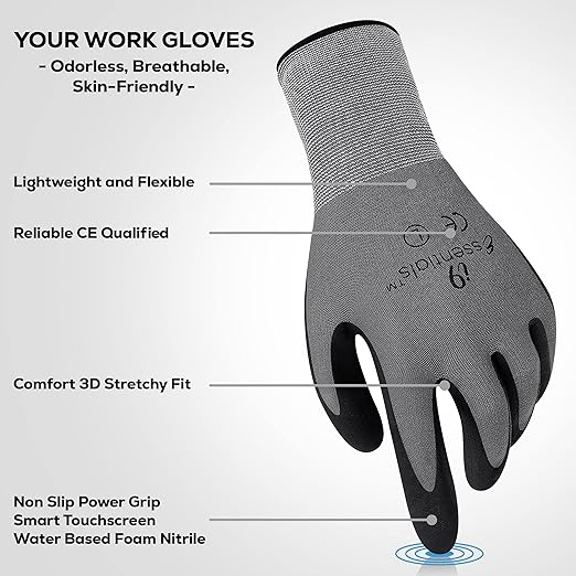 I9 Essentials 12 Pairs MicroFoam Nitrile Coated Touchscreen Work Gloves – Lightweight Grip Safety Gloves for Carpentry, Gardening, Construction & General Work (Large)