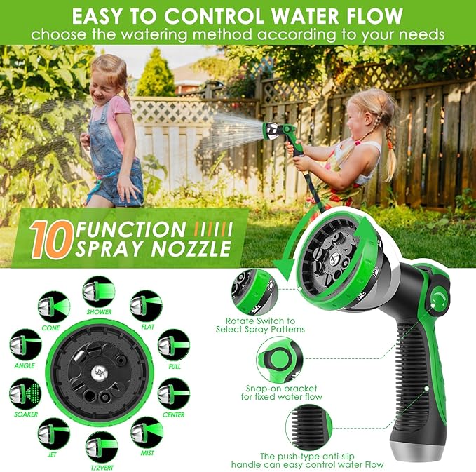 Non-Expandable Garden Hose 50 ft, Ultra Lightweight & Flexible Water Hose With 10-Pattern Spray Nozzle, Full Length Leak-Proof Design, High-Density Fabric & Shut-Off Valve, Hose Straps