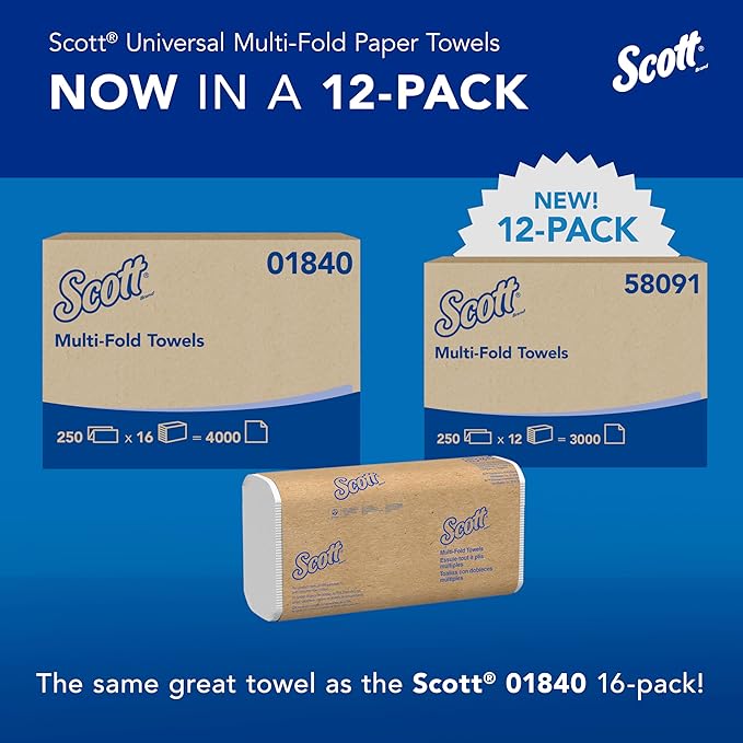 Scott Professional Universal Multifold Paper Towels, Bulk (58091), Absorbency Pockets, White, 9.2"x9.4" Towel, White, Compressed, Compact (250 Sheets/Pack, 12 Packs/Case, 3,000 Sheet Total)