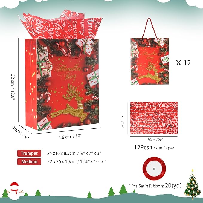 Rusikia 12 Christmas Gift Bags with 12 Tissues and 1 Satin Ribbon, Red Party Favor Bags Bulk with Handles, Glittery Cute Tree Balls Merry Deer Paper Bag for Wrapping Present (Small 9"x7"x3")
