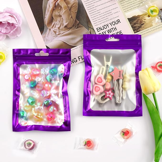 Funfery 300 Pack Smell Proof Resealable Bags for Food Storage,Mylar Clear Bags 4x6 Purple Packaging Bag- Edibles,Odorless Scent Proof Bag for Cookies, Zip Foil Pouch for Small Business