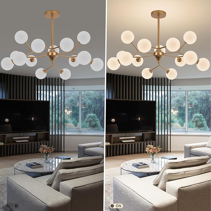 COCOSTAR Reddish Sand Gold Dining Room Chandelier, 15 Lights Modern Sputnik Chandelier for Kitchen Island Living Room Bedroom, Ceiling Light Fixture Over Table, G9 Base