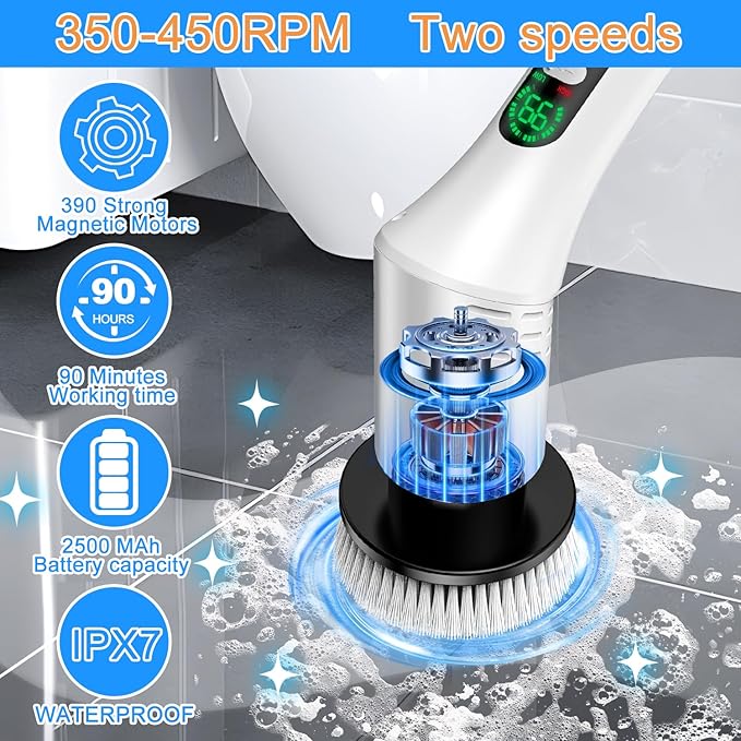IPX7 Waterproof Electric Spin Scrubber, Power Cleaner with 9 Brush Heads, LED Battery Display, 2 Speeds Adjustable Long Handle for Kitchen Bathroom, Shower, Tile & Car Cleaning (A-White)