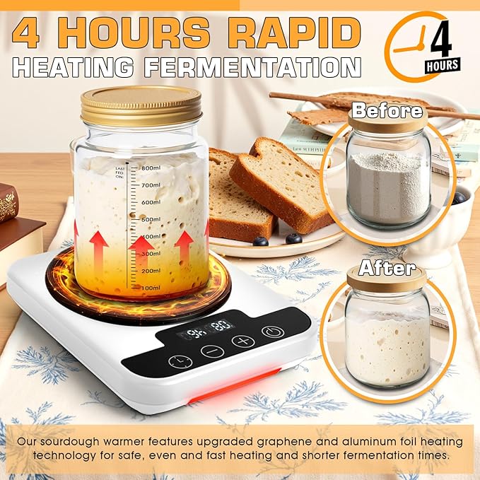 Upgraded Sourdough Starter Warmer, Precise 1°F Thermostat Control (70-100°F) Sourdough Starter Warmer Mat, Smart Memory Heating Mat for Sourdough Fermentation, 12-Hour Timer (White)