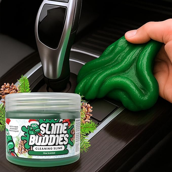 Slime Buddies Car Cleaning Gel Putty - Pine Scented Interior Detailing Tool for Cup Holders, Air Vents & Keyboard - Reusable Auto Detailing Accessories - Dust Remover Goop