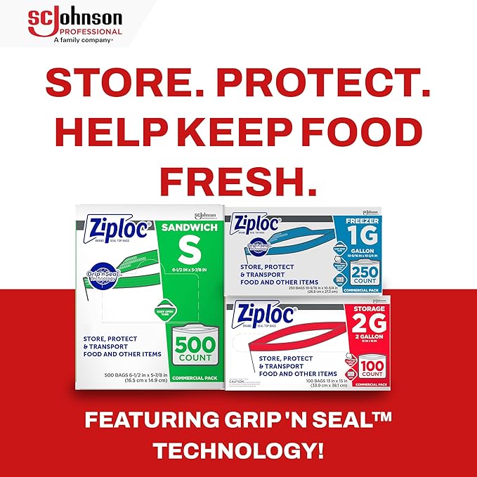 SC Johnson Professional Ziploc Professional Freezer Bags, For Food Organization and Storage, Double Zipper, 2 Gallon, 100 Count