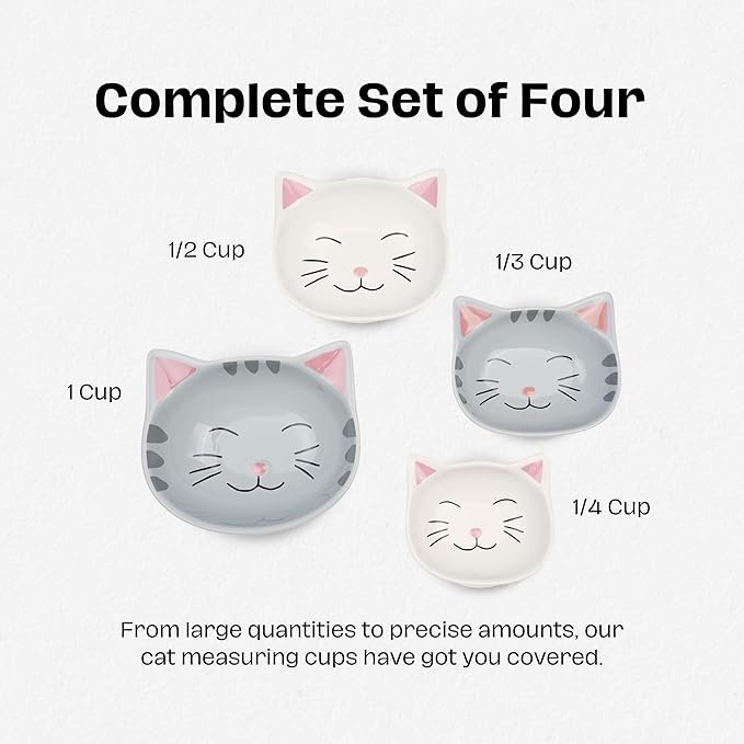 Cute Measuring Cups and Spoons Set - Cat Mom Gifts for Women - Cat Kitchen Accessories for Baking Gifts - Ceramic Measuring Spoons for Unique Baking Supplies - Fun & Decorative Kitty Cup for Cooking