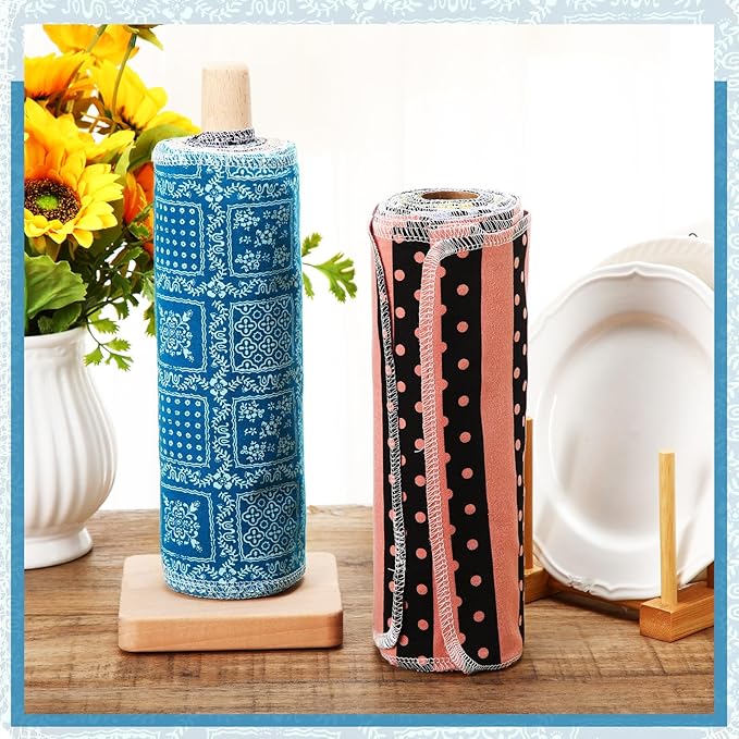 Redbaker 50 Pcs Reusable Paper Towels Paperless Reusable Cotton Cloths Toilet Absorbent Washable Paper Towels with Roll Kitchen Dishcloth for Kitchen Paperless Dishcloths(Floral, Dot, Stripe)
