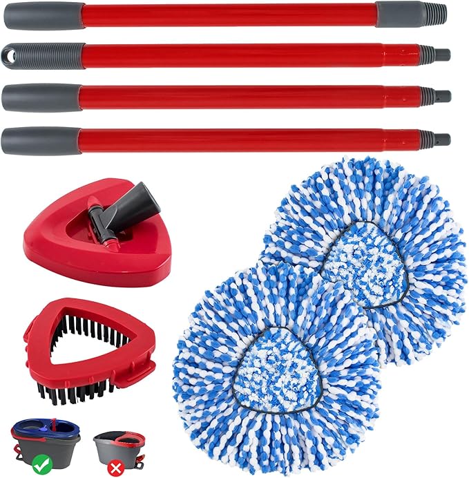 Spin Mop Handle,Mop Head,Base and Brush for OCedar RinseClean 2 Tank System,Include 2 Microfiber Spin Mop Replacement Head,4 Section 30-58" Iron Mop Handle,1 Base and 1 Scrub Brush for Floor Cleaning