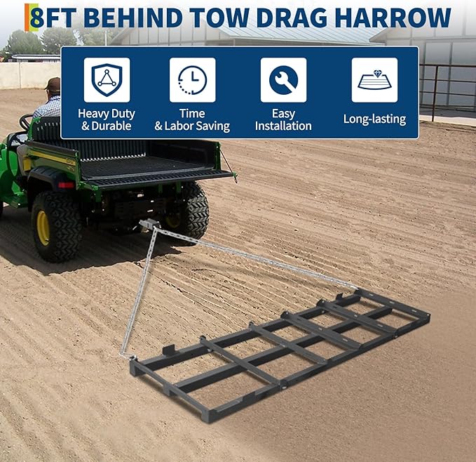 GarveeLife Drag Harrow Lawn Tractor, 4 ft Heavy Duty Driveway Drag with Chain for Gravel, 4 Safety Belts, Tow Behind Lawn Rake for ATV, Farm Field Garden