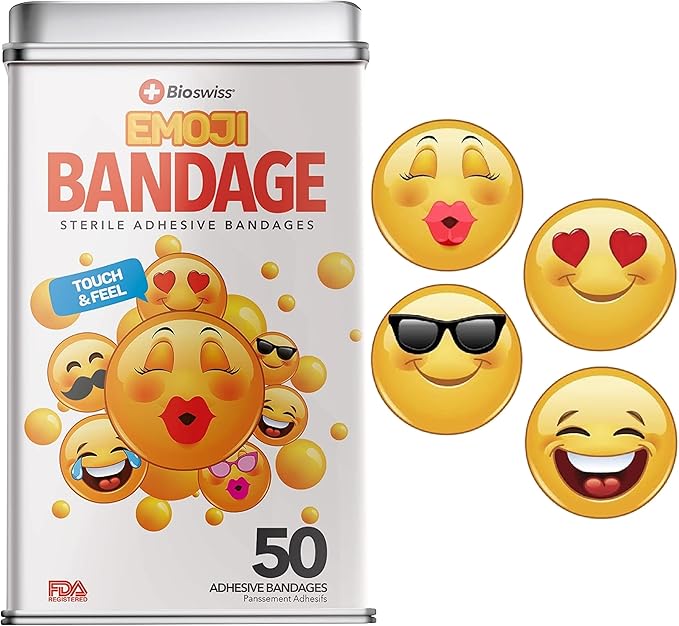 BioSwiss Kids Bandages, Emoji Shaped Self Adhesive Bandage Set, Latex Free, Sterile Wound Care, 50 Count