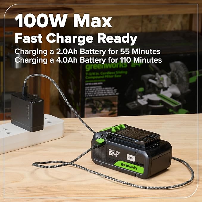 Greenworks 24V Cordless Brushless 400 in-lbs Drill/Driver + 6.5" Circular Saw, 4,800 RPM, Cutting Depth 45°/90° (2) 2.0Ah USB-C Batteries(12,000mAh Power Bank) and 65W USB-C Fast Charger(3-Port)