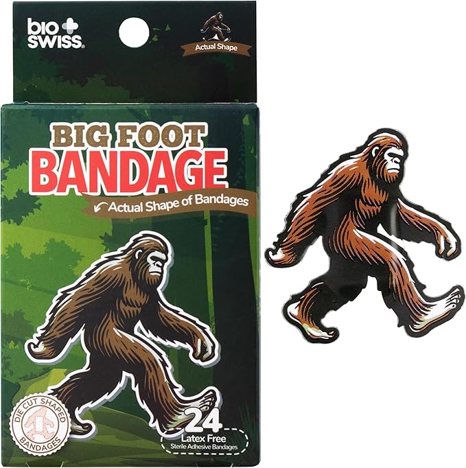 BioSwiss Kids Bandages, Bigfoot Shaped Self Adhesive Bandage Set, Latex Free, Sterile Wound Care, 24 Count