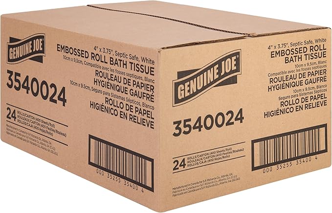 Genuine Joe Embossed Bath Tissue, 2-Ply, Septic Safe, Individually Wrapped, 4" x 3.75", 400 Sheets/Roll, 24 Count