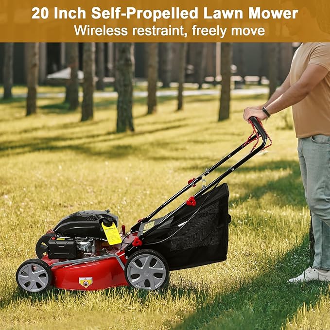 Lefitap Self Propelled Gas Lawn Mower, 141cc 4-Stroke Gas Engine Weed Eater with 20" Blade, Walk-Behind Cordless Push Lawn Mowers Tractors with 50L Grass Tank, 2850RPM Red
